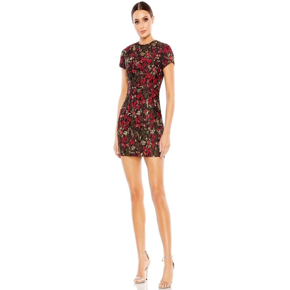 Mac Duggal Red Gold Floral Brocade Mini Dress Short Sleeve Cocktail 11613 Size 4